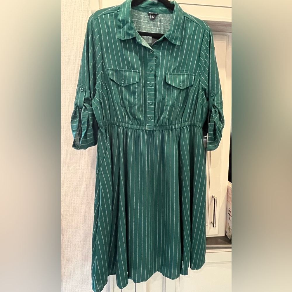 TORRID Green Pinstripe Dress with Bishop Sleeves & Cinched Waist NWT Plus 0X